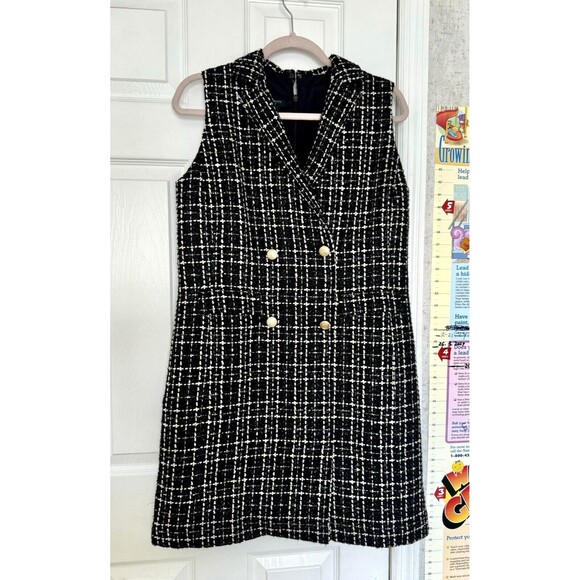 NWOT Talbots Double Breasted Tweed Mini Petite Size 10 Dress V Neck Black White - Picture 2 of 11